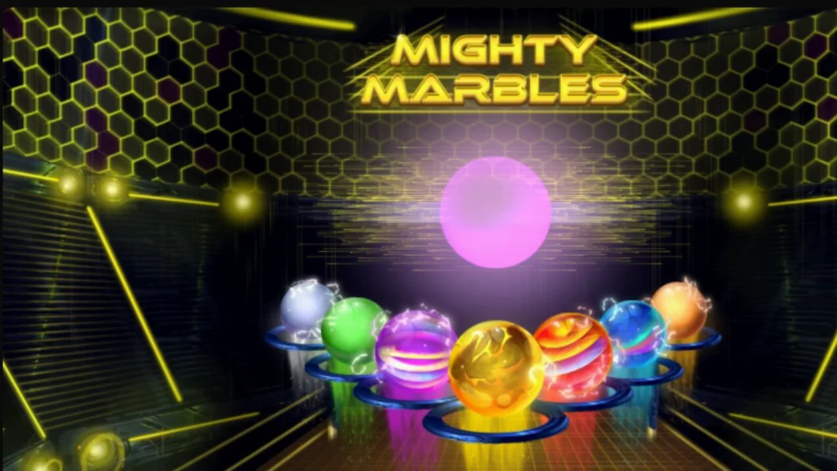 Interface vibrante e neon do slot Mighty Marbles com símbolos de bolinhas de gude cósmicas.