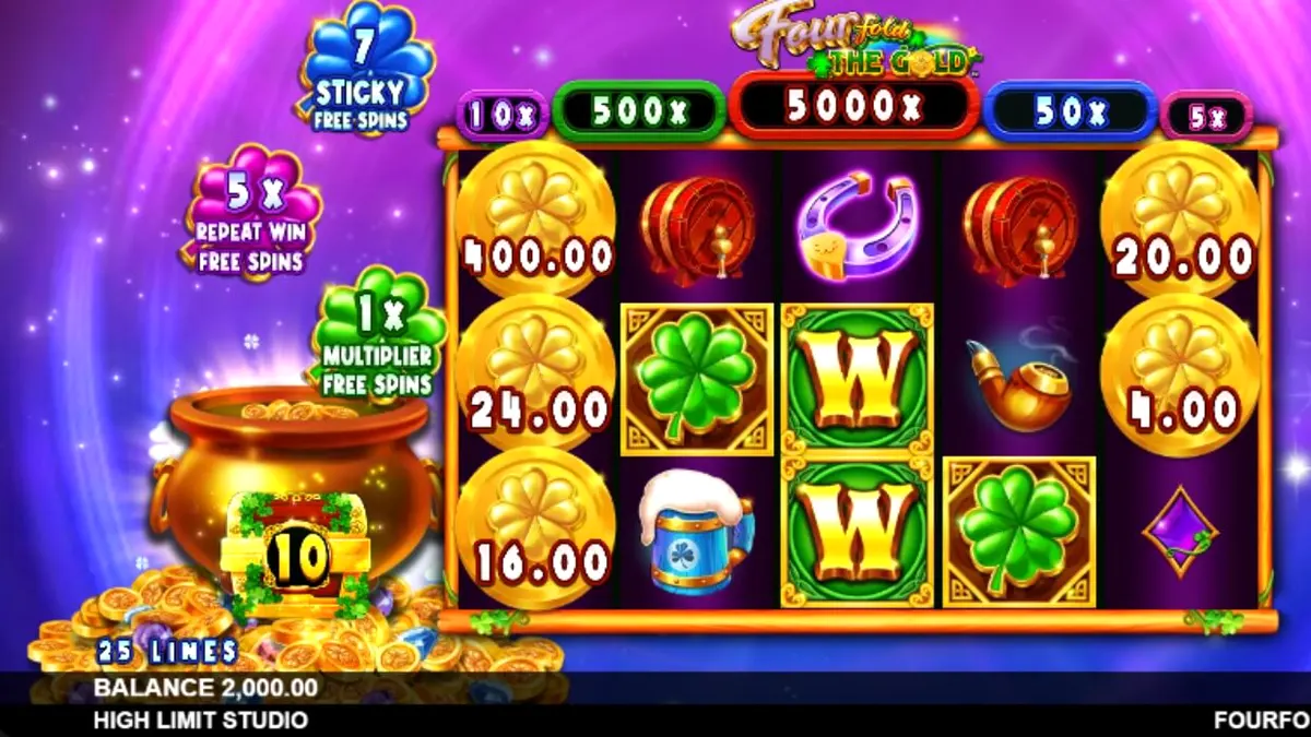 Interface do jogo Fourfold the Gold com elementos espaciais e símbolos irlandeses