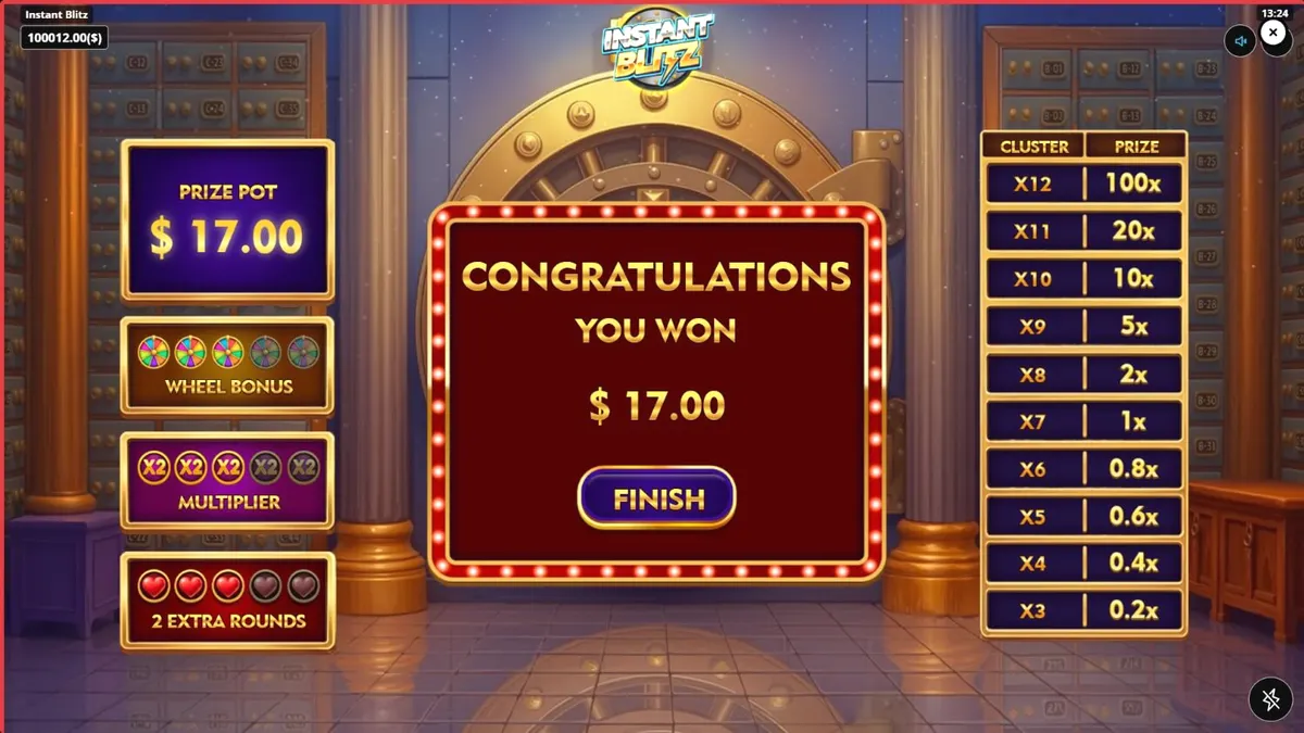 Interface do jogo de slot Instant Blitz com tema de cofre de banco e luzes neon